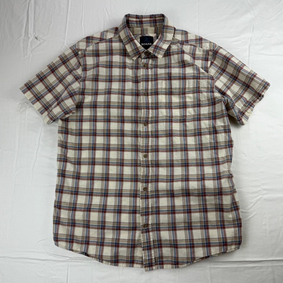 Prana Mens Large Plaid Short Sleeve Button Up Shirt Organic‎ Cotton - Picture 3 of 7